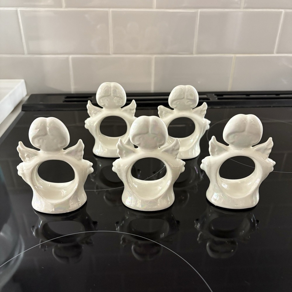 5 Ceramic ANGEL Napkin Ring Holders Iridescent Standing 3.5x2.75" Christmas